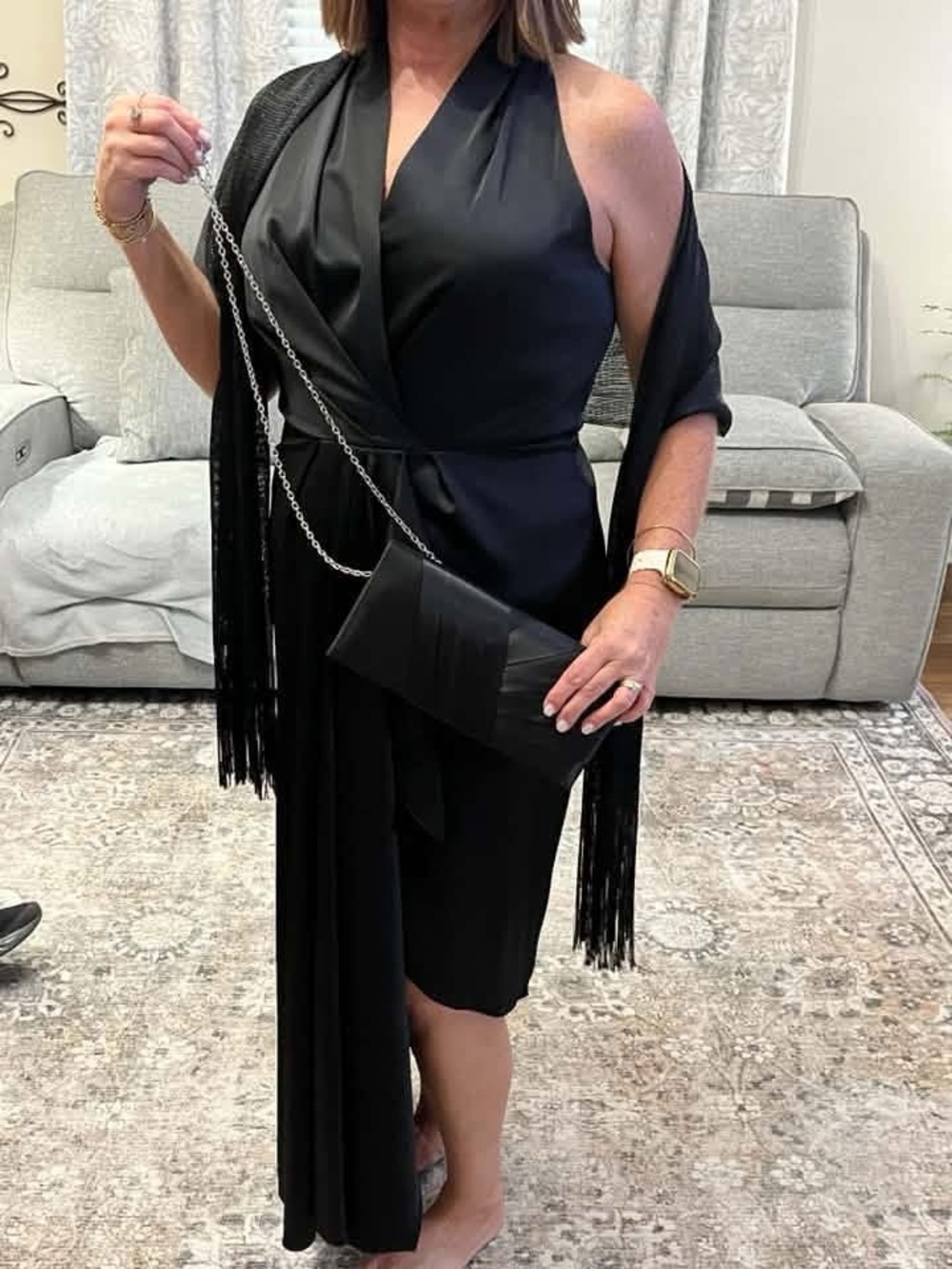 Alex Marie Black Halter Wrap Cocktail Dress with Fringe Shawl